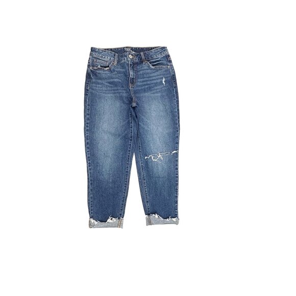Time And tru Mid Rise Raw Hem Distressed Cuffed Boyfriend Women size 6 Blue jean - Picture 1 of 4